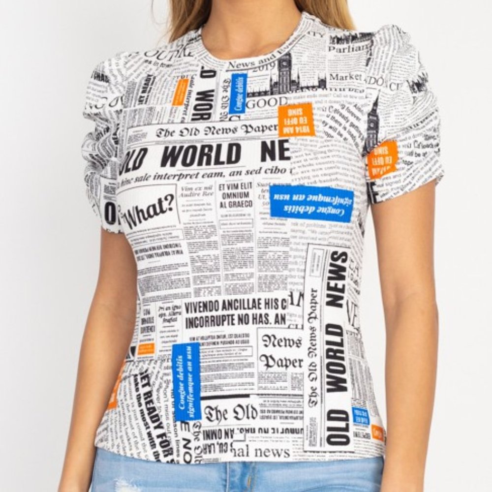 Ladies Newspaper Graphic Ruched Top